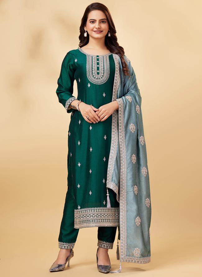 Vichitra Silk Green Festival Wear Embroidery Work Straight Suit